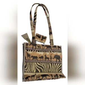 Vintage Jade African Safari Tapestry Handbag Tote Bag Shoulder Strap Coin Purse